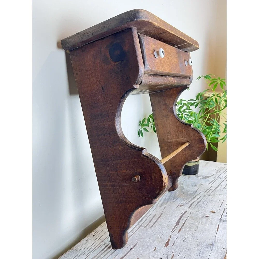 Vintage Rustic Wooden Shelf White Knob Drawer Hand Linen Bar Farmhouse 16”x15”